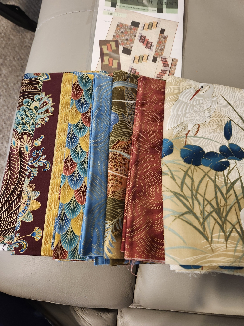 Assorted Asian-Inspired Cotton Fabric Bundle - Gold, Blue, Burgundy, Cream